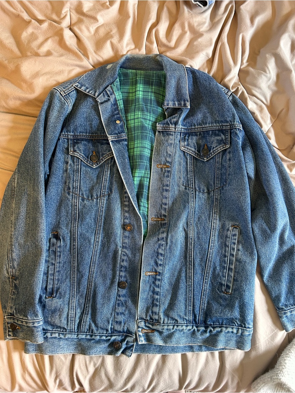 Classic Blue Denim Jacket with Green Plaid Lining